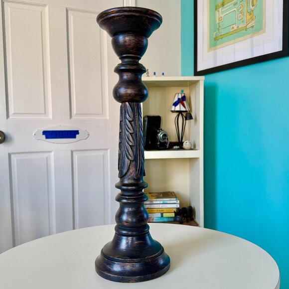 NEW without TAGS Pottery Barn Painted Carved Wood Pillar Candle Holder - Picture 1 of 11